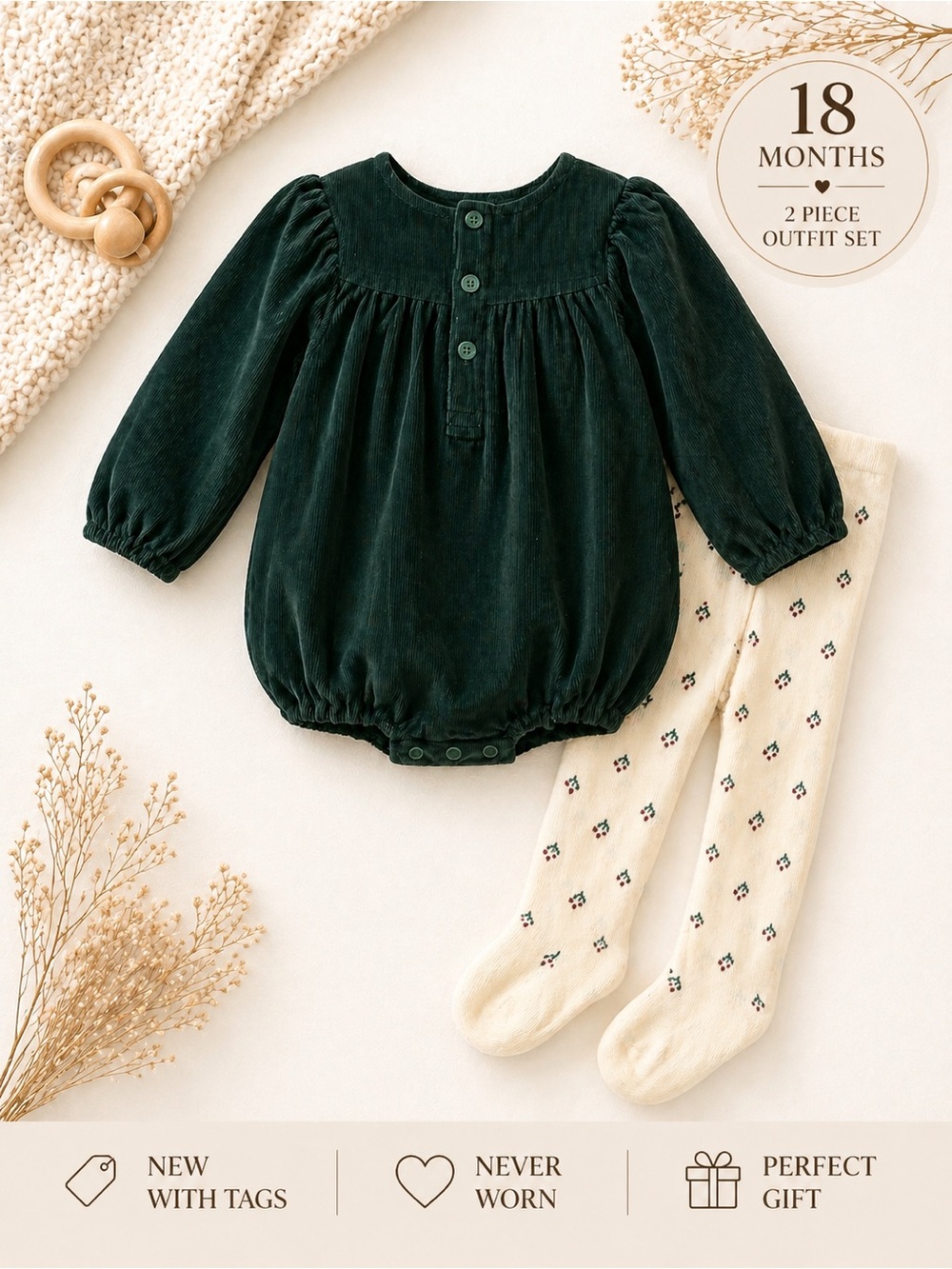 Carter’s 18M Girl Outfit Set NWT Green Romper + Floral Tights Boutique Gift